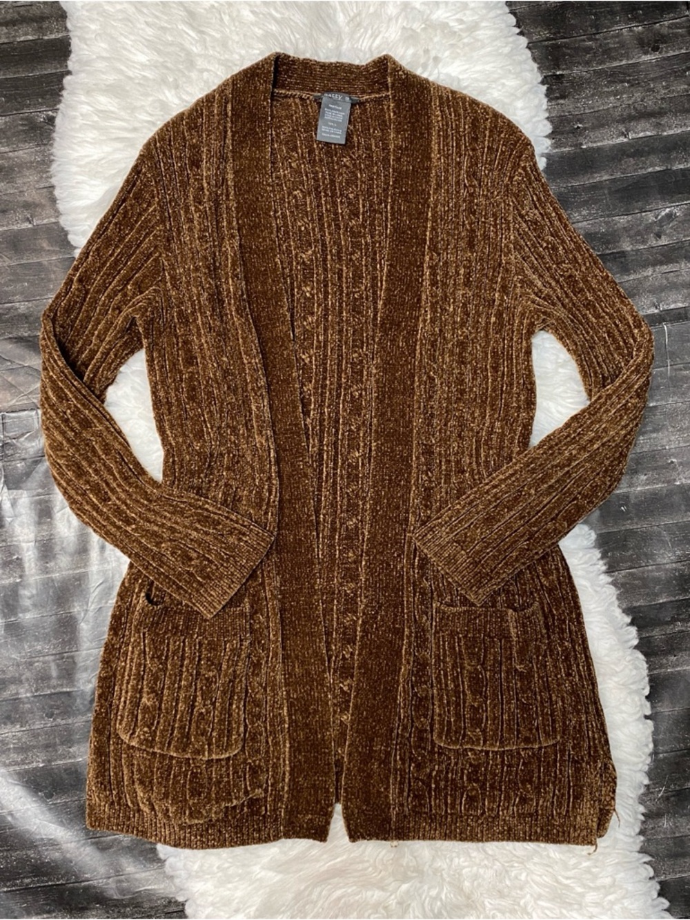 MATTY M BROWN CHENILLE RIBBED CARDIGAN DUSTER OPEN FRONT GRUNGE ALT EARTHY